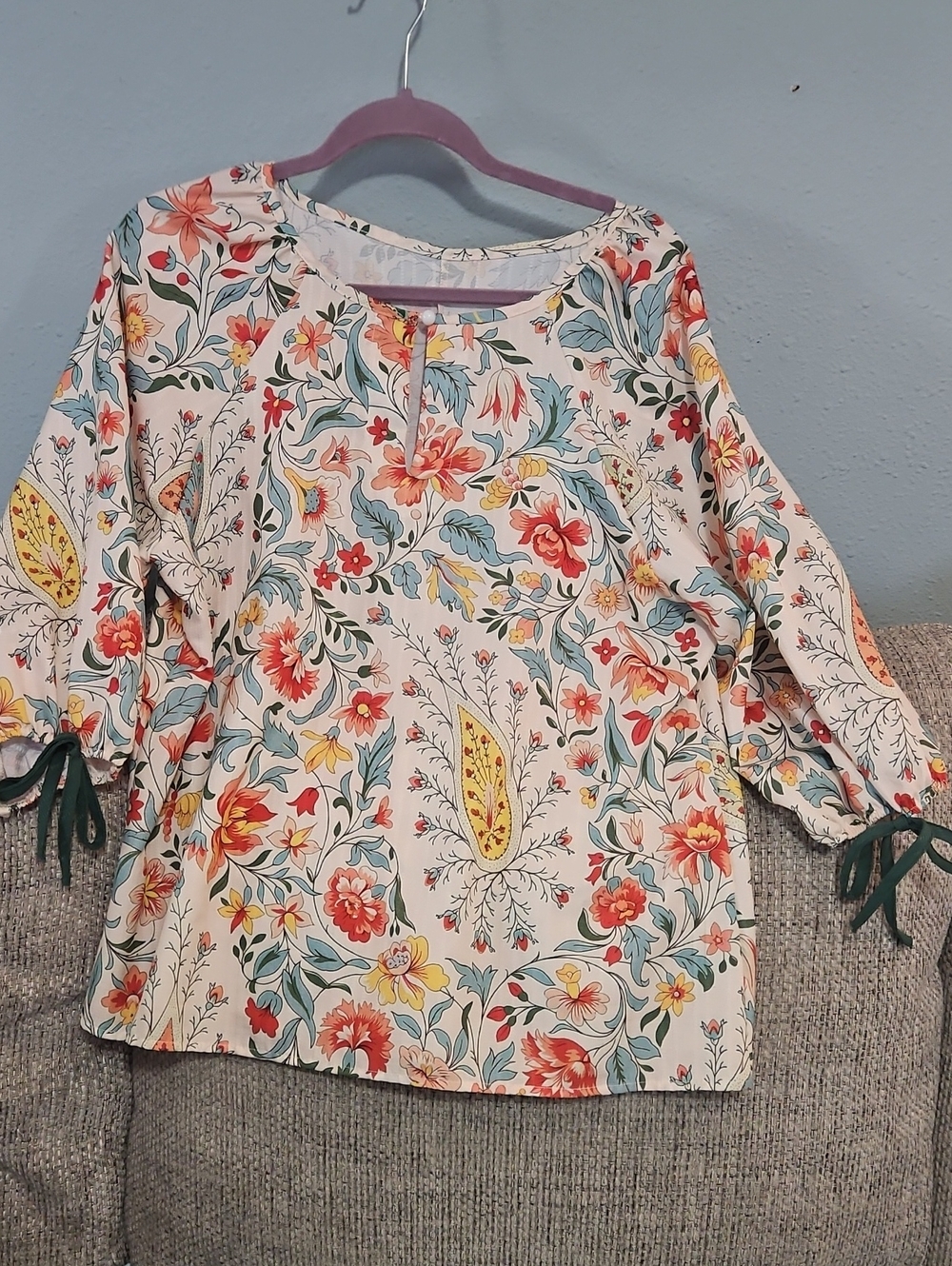 Floral Tie-Sleeve Women’s Top - Cream/Multi